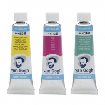 Três tubos de tinta de aguarela Van Gogh em amarelo claro, rosa e verde turquesa