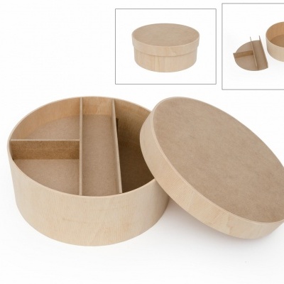 Caixa redonda de madeira clara com tampa e divisórias internas