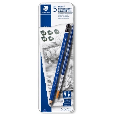 Conjunto de 5 lápis STAEDTLER Mars Lumograph aquareláveis em embalagem azul e branca