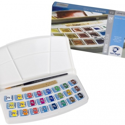 Estojo de aguarelas Van Gogh com 24 cores, pincel e lápis em estojo plástico branco