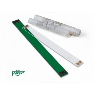 Duas réguas retas com conectores e plantas arquitetónicas enroladas