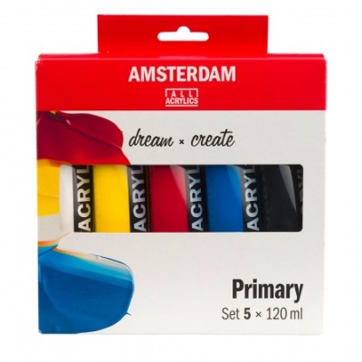 Conjunto de cinco tintas acrílicas Amsterdam em embalagem com janela