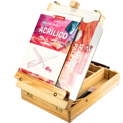 Kit de pintura com cavalete portátil e livros de pintura acrílica em fundo branco