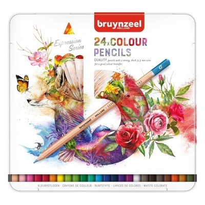 Estojo metálico Bruynzeel com 24 lápis de cor e desenho colorido de flores, pássaro e raposa