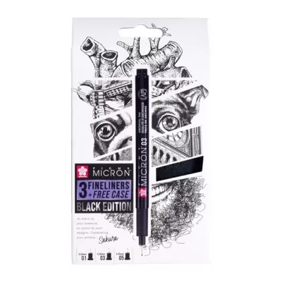 Conjunto de canetas fineliner preta Sakura Pigma Micron 3 Black Edition com estojo em embalagem ilustrada