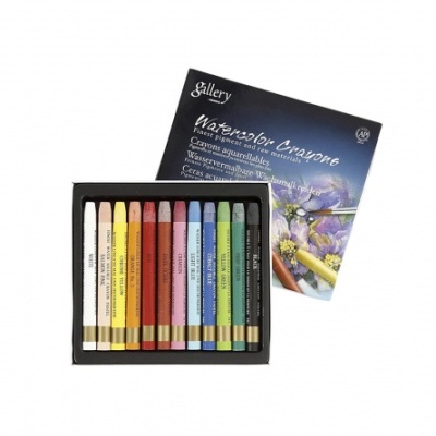 Conjunto de lápis de cera aquareláveis coloridos em caixa com embalagem ilustrada