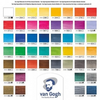 Paleta de cores de aquarela Van Gogh com 48 tonalidades numeradas e logotipo no centro