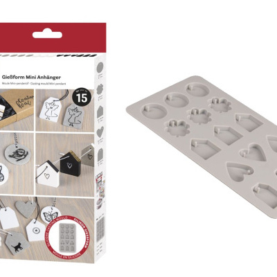 Molde de silicone cinzento para pingentes miniatura em embalagem branca e vermelha