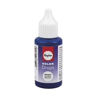 Frasco de Color Drops azul Royal Blue da marca Rayher com tampa branca e etiqueta multilingue.