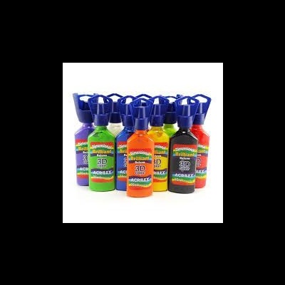 Tintas 3D Brilliant Acrilex em vários frascos coloridos com tampas azuis