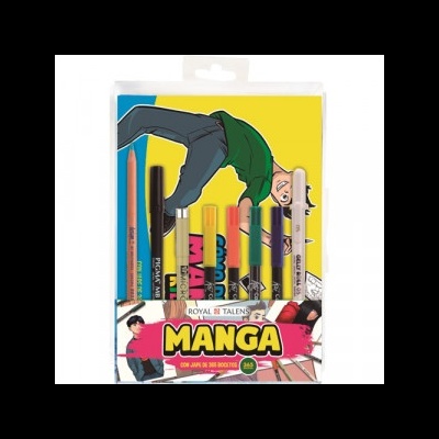 Conjunto de canetas para desenho de manga em embalagem transparente com fundo amarelo e azul