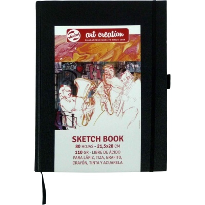 Caderno de desenho Talens com capa preta e etiqueta colorida com texto e ilustração de músicos