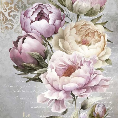 Cartaz decorativo com ilustração de flores peônias lilás, rosa e branco, fundo padrão clássico cinza e dourado com texto em francês