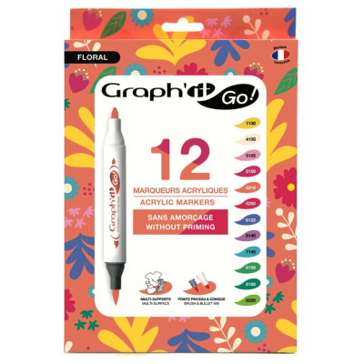 Estojo de marcadores acrílicos Graphit Go com embalagem floral colorida