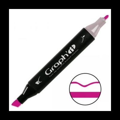 Marcador preto com pontas rosa choque e tampas lilás, com círculo mostrando traço ondulado