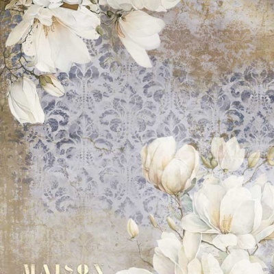 Papel de parede floral com grandes flores brancas e texto MAISON Confiance PARIS