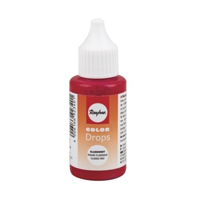 Frasco pequeno de tinta vermelha Rayher Color Drops com tampa branca e rótulo colorido