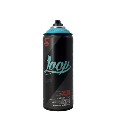 Lata de spray preta com tampa azul clara e texto Loop
