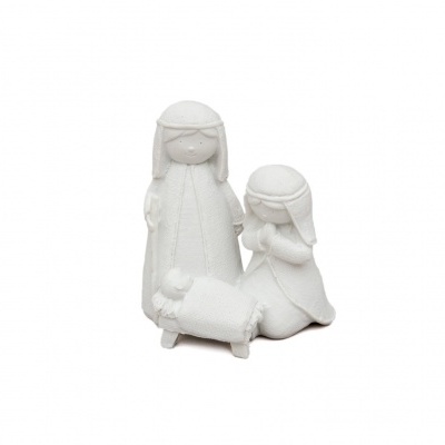 Figura de presépio branco minimalista com três peças em fundo branco.