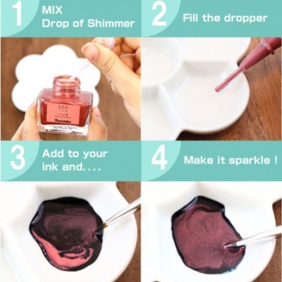 Processo de mistura de tinta vermelha com brilho usando conta-gotas e prato branco em forma de flor