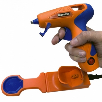 Pistola de cola quente Cléopâtre laranja e azul com suporte e botão vermelho