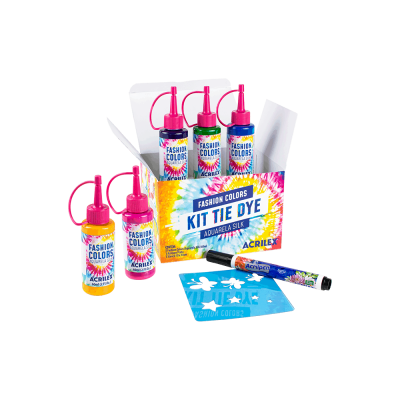 Kit de tingimento Tie Dye com frascos coloridos, marcador preto e molde azul