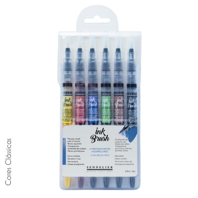 Conjunto de 6 pincéis de tinta aquarela Sennelier Ink Brush em embalagem transparente