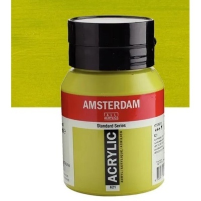 Frasco de tinta acrílica Amsterdam amarelo com tampa preta sobre fundo verde