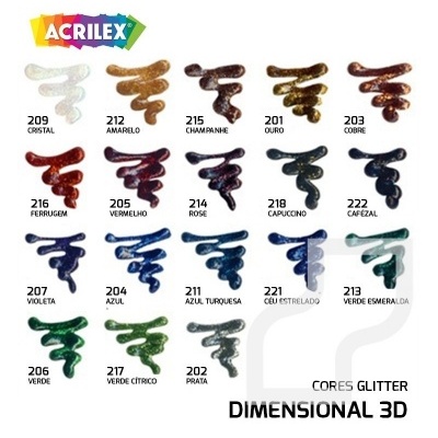 Amostras de tintas dimensional 3D Acrilex com glitter e códigos de cor