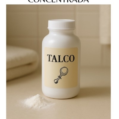 Frasco branco de talco com rótulo bege e espelho, pó branco à frente