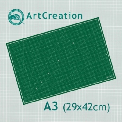 Tapete de corte verde A3 29x42cm com grelha branca e texto ArtCreation