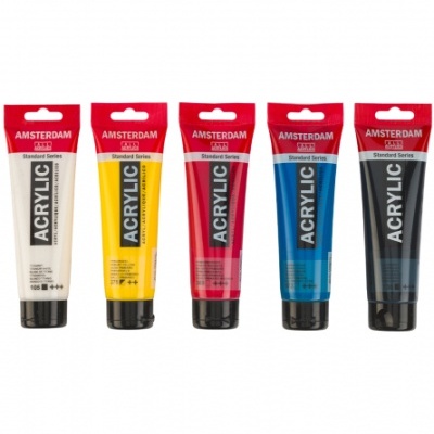 Tinta acrílica AMSTERDAM em cinco cores: branco, amarelo, vermelho, azul e preto