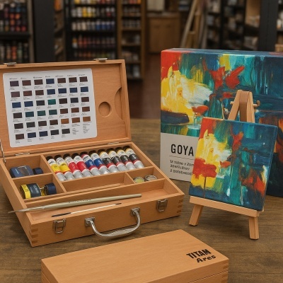 Estojo de pintura em madeira com tintas, pincéis, pequena tela pintada e caixa colorida de fundo