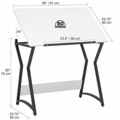 Secretária de desenho branca com estrutura preta e medidas indicadas
