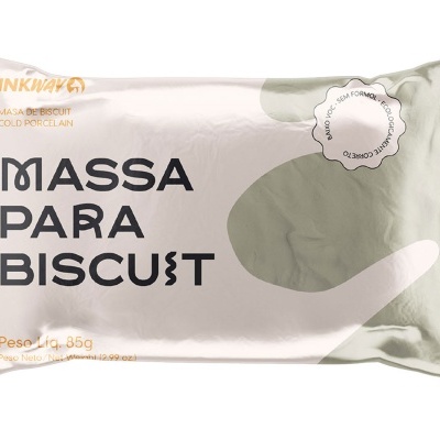 Embalação de massa para biscoito branca e verde cinza da marca INKNOW com texto preto