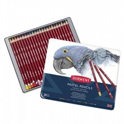Conjunto de lápis de pastel Derwent em embalagem metálica com papagaio azul