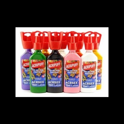 seis garrafas de tinta para tecido Acrilex Acripuff, cores variadas, tampas vermelhas