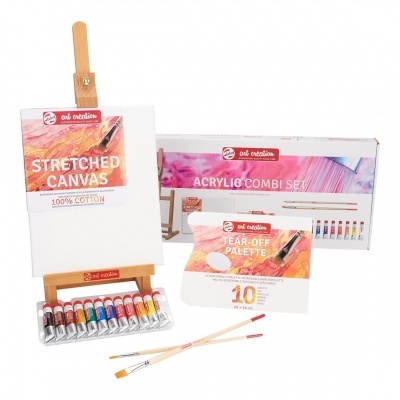 Conjunto de pintura acrílica com tela, tintas, paleta, pincéis e cavalete.