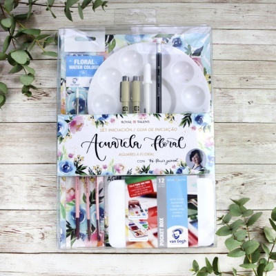 Conjunto de iniciação em aquarela floral com paleta, pincel, canetas, caixa de cores Van Gogh e guia de iniciação