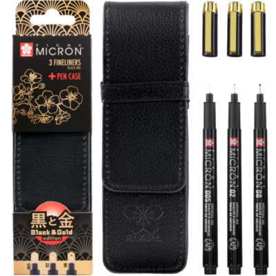 Conjunto de 3 canetas Pigma Micron com estojo preto e embalagem preta e dourada
