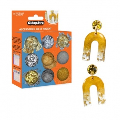 Conjunto de purpurinas douradas e prateadas Cléopâtre, e brincos pendentes em U bege com dourado.