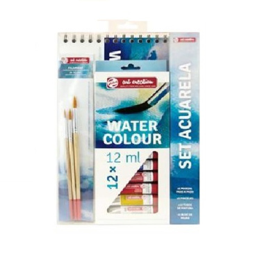 Conjunto de pintura em aquarela com pincéis e blocos de papel