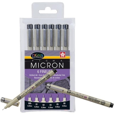 conjunto de 6 canetas Micron Pigma com embalagem e rótulos visíveis
