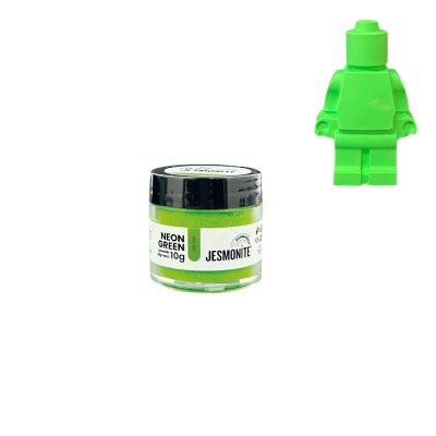 Frasco de pó pigmento verde neon JESMONITE com figura de lego verde neon