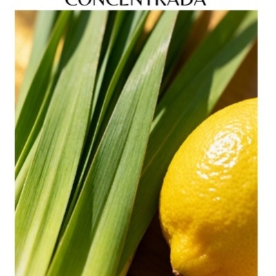Folha verde comprida e limão amarelo com texto sobre essência aromática capim limão 100ml.