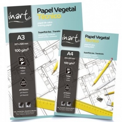 Dois blocos de papel vegetal técnico inart A3 e A4 com régua e lápis