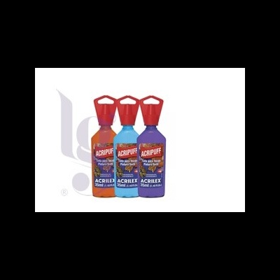 Três frascos de tinta para tecido Acrilex nas cores laranja, azul claro e azul escuro com tampas vermelhas