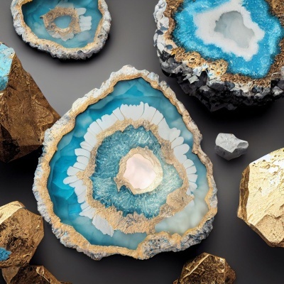 Pedras geoda azuis com bordas douradas e textura cristalina sobre fundo cinzento