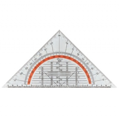 Esquadro transparente com marcações em preto e vermelho