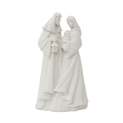 Estatueta branca da Sagrada Família em cerâmica com detalhes em relevo